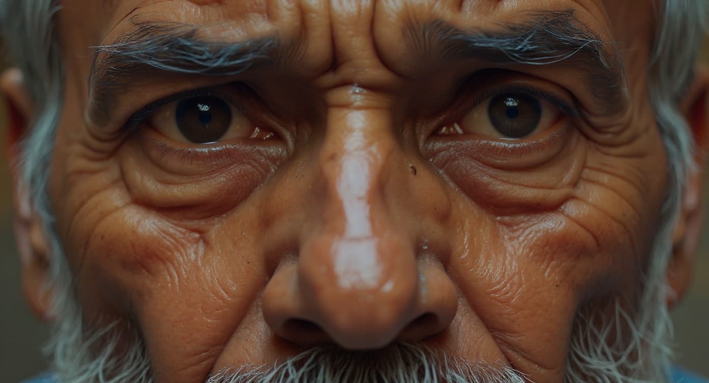 Age 70 — extreme close-up, every wrinkle earned