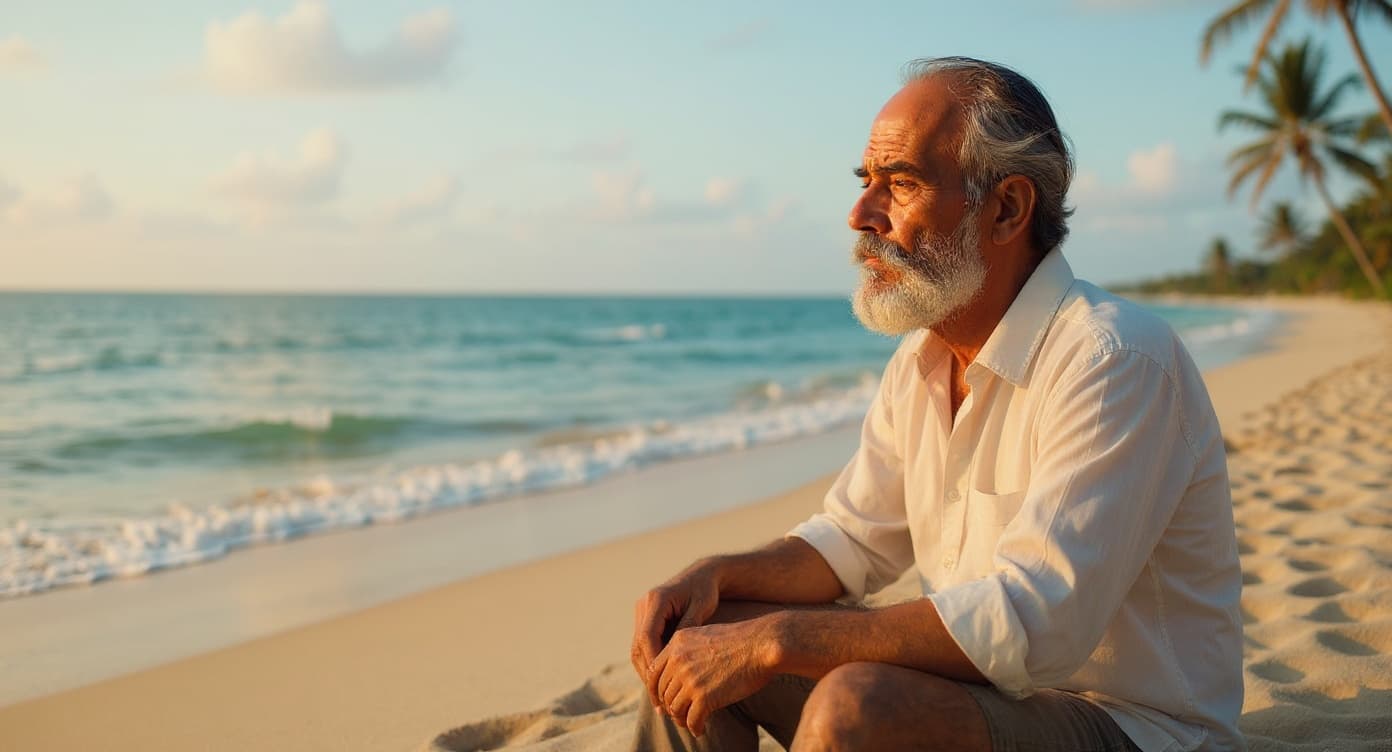 Romance — sitting on tropical beach at golden hour