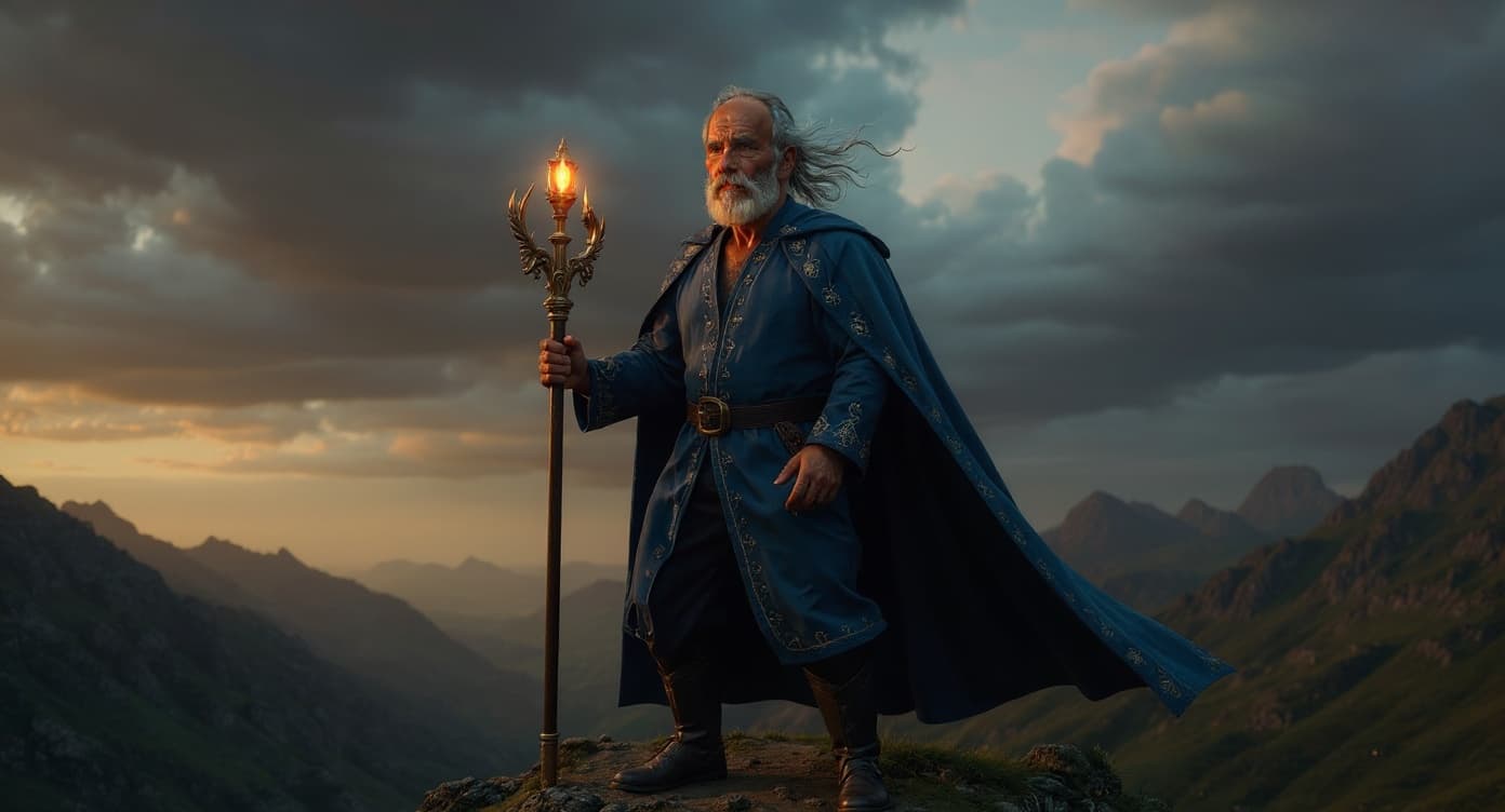 Fantasy — wizard on mountain peak with glowing staff