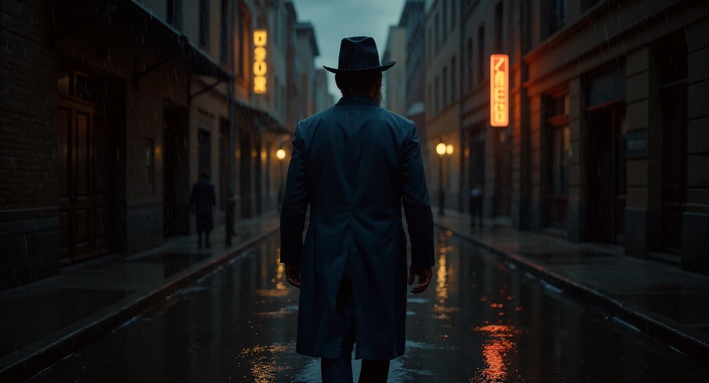 Noir — walking away down rain-soaked alley