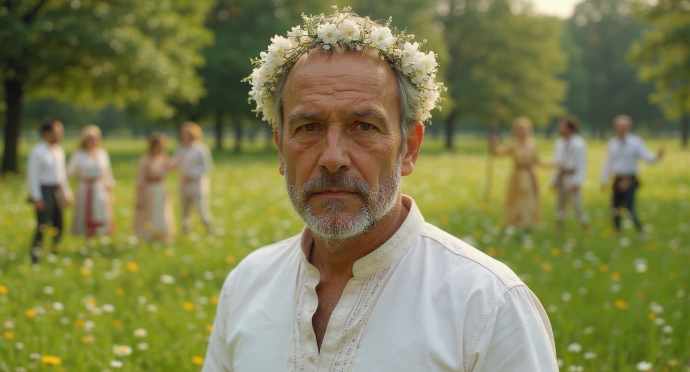 Nordic folk horror — flower crown in bright meadow