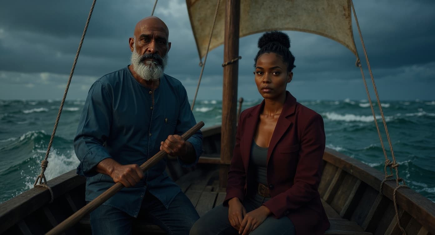 Same two leads on a boat in stormy seas