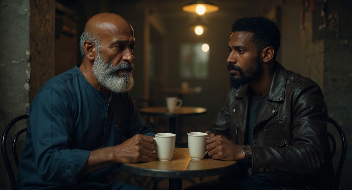 Character meets his younger self over chai